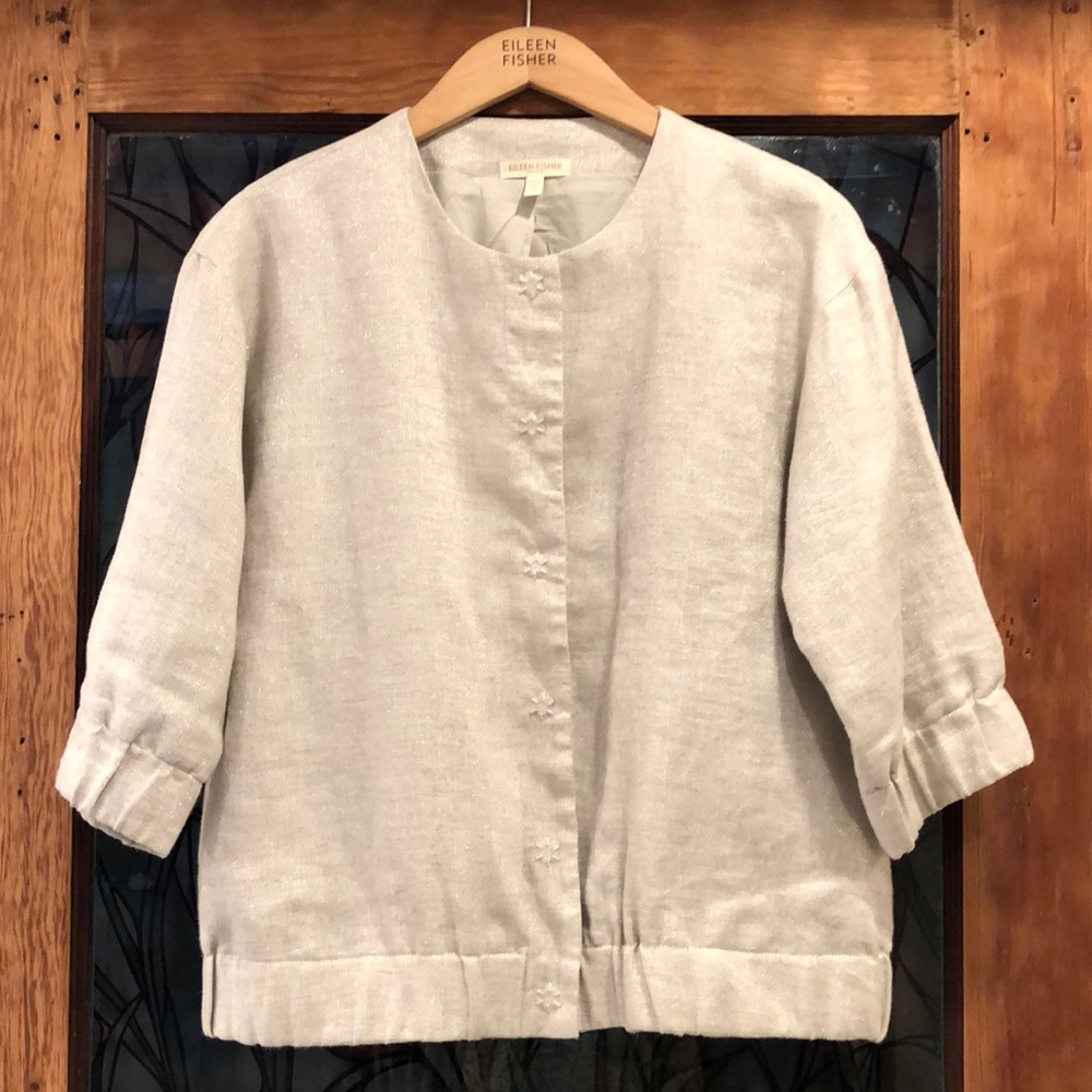 Eileen Fisher short sleeved linen jacket pockets